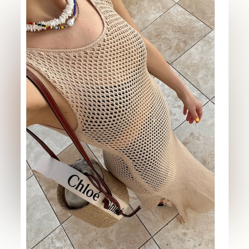 Tan crochet coverup